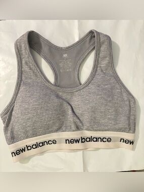 New Balance Light Gray Ribbed Racerback Sports Bra with Logo Band
